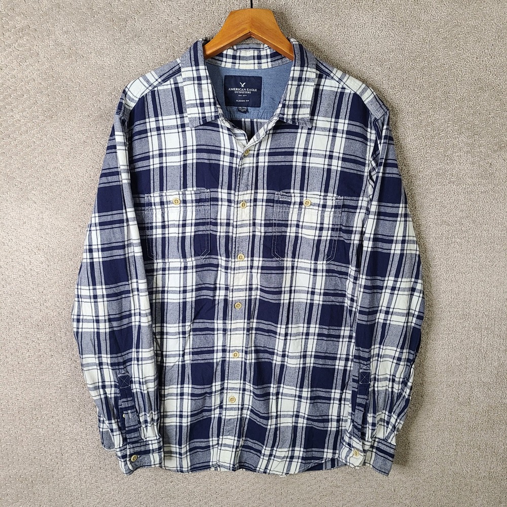 American Eagle Shirt Mens XXL Blue White Plaid Classic Fit Button Down Flannel